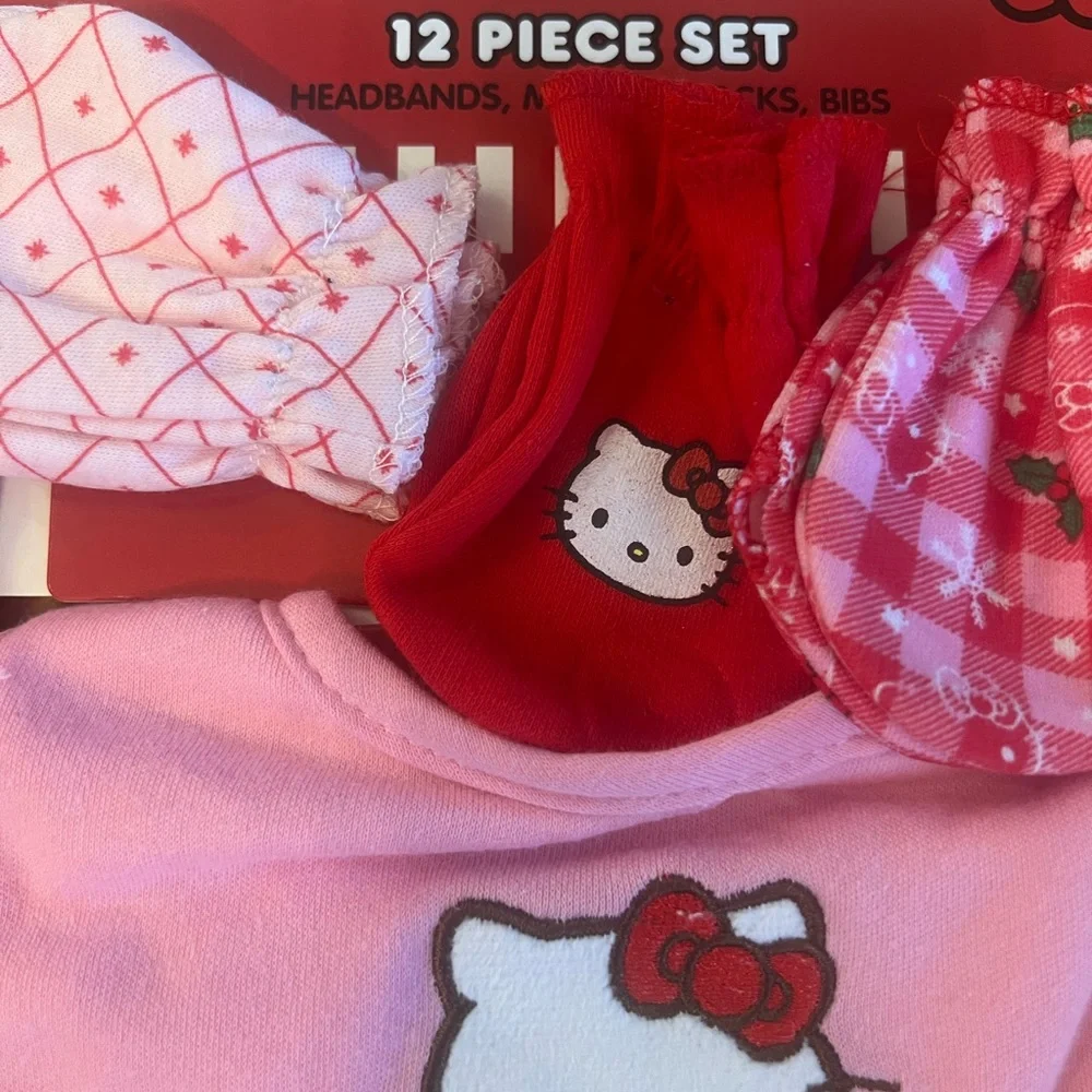 Hello Kitty Bibs, socks, Bows, mittens Set - Red, Pink, and White